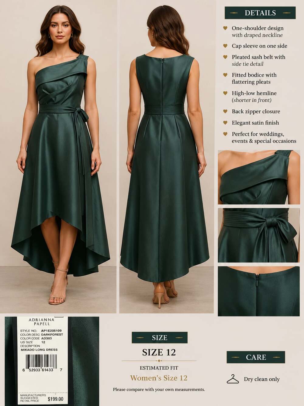 Adrianna Papell One-Shoulder Satin Mikado High-Low Gown in Dark Forest